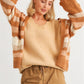 Camel Striped Crochet Knit Two Pocket Open Front Cardigan