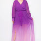 Ombre Chiffon Wrap Front Long Sleeve Tie Waist Slit Front Maxi Dress