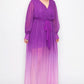 Ombre Chiffon Wrap Front Long Sleeve Tie Waist Slit Front Maxi Dress