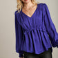 Satin V-neck Ruffle Baby Doll Top With Cuffed Long Sleeve