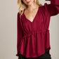 Satin V-neck Ruffle Baby Doll Top With Cuffed Long Sleeve