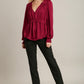 Satin V-neck Ruffle Baby Doll Top With Cuffed Long Sleeve