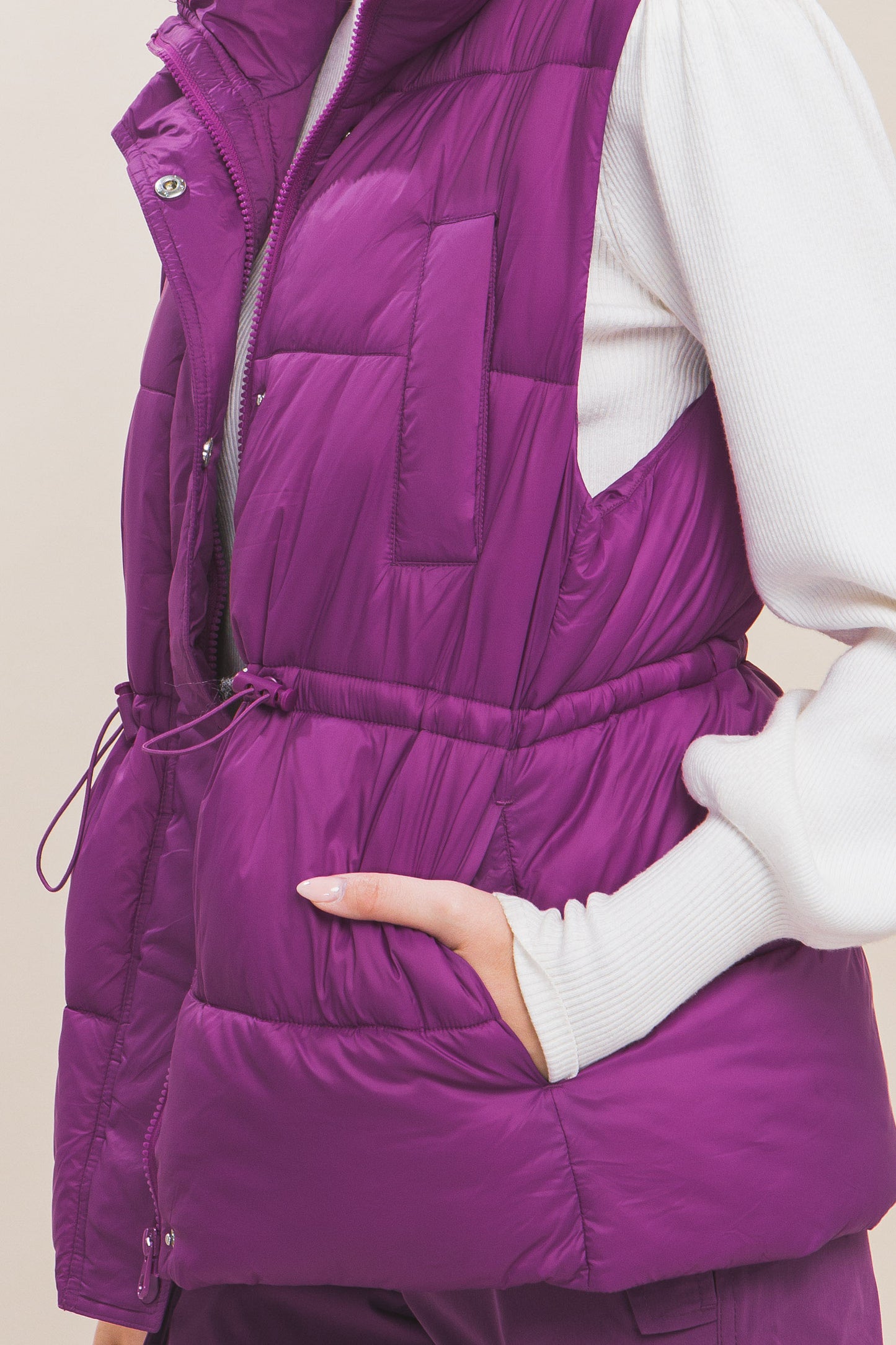 Zip Up Button Puffer Vest With Waist Toggles