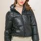 Pu Faux Leather Zipper Hooded Puffer Jacket