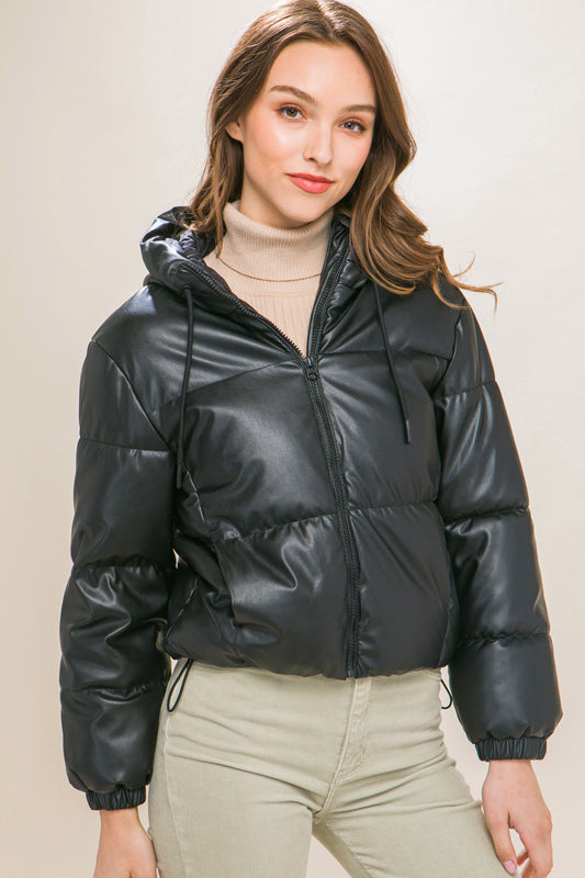 Pu Faux Leather Zipper Hooded Puffer Jacket