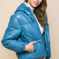 Pu Faux Leather Zipper Hooded Puffer Jacket