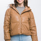 Pu Faux Leather Zipper Hooded Puffer Jacket