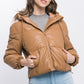 Pu Faux Leather Zipper Hooded Puffer Jacket