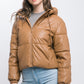 Pu Faux Leather Zipper Hooded Puffer Jacket