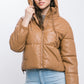 Pu Faux Leather Zipper Hooded Puffer Jacket