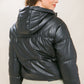 Pu Faux Leather Zipper Hooded Puffer Jacket