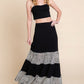 Long Tiered Contrast Fashion Skirt With Velvet Animal Print Mesh