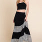 Long Tiered Contrast Fashion Skirt With Velvet Animal Print Mesh