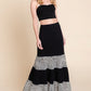 Long Tiered Contrast Fashion Skirt With Velvet Animal Print Mesh