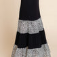 Long Tiered Contrast Fashion Skirt With Velvet Animal Print Mesh