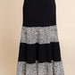 Long Tiered Contrast Fashion Skirt With Velvet Animal Print Mesh