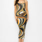 Crossed Back Marble Print Multicolor Midi Dress