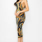 Crossed Back Marble Print Multicolor Midi Dress