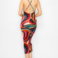 Crossed Back Marble Print Multicolor Midi Dress