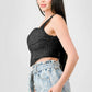 Crinkle Stretch Knit Sweetheart Hooked Bustier Cropped Top