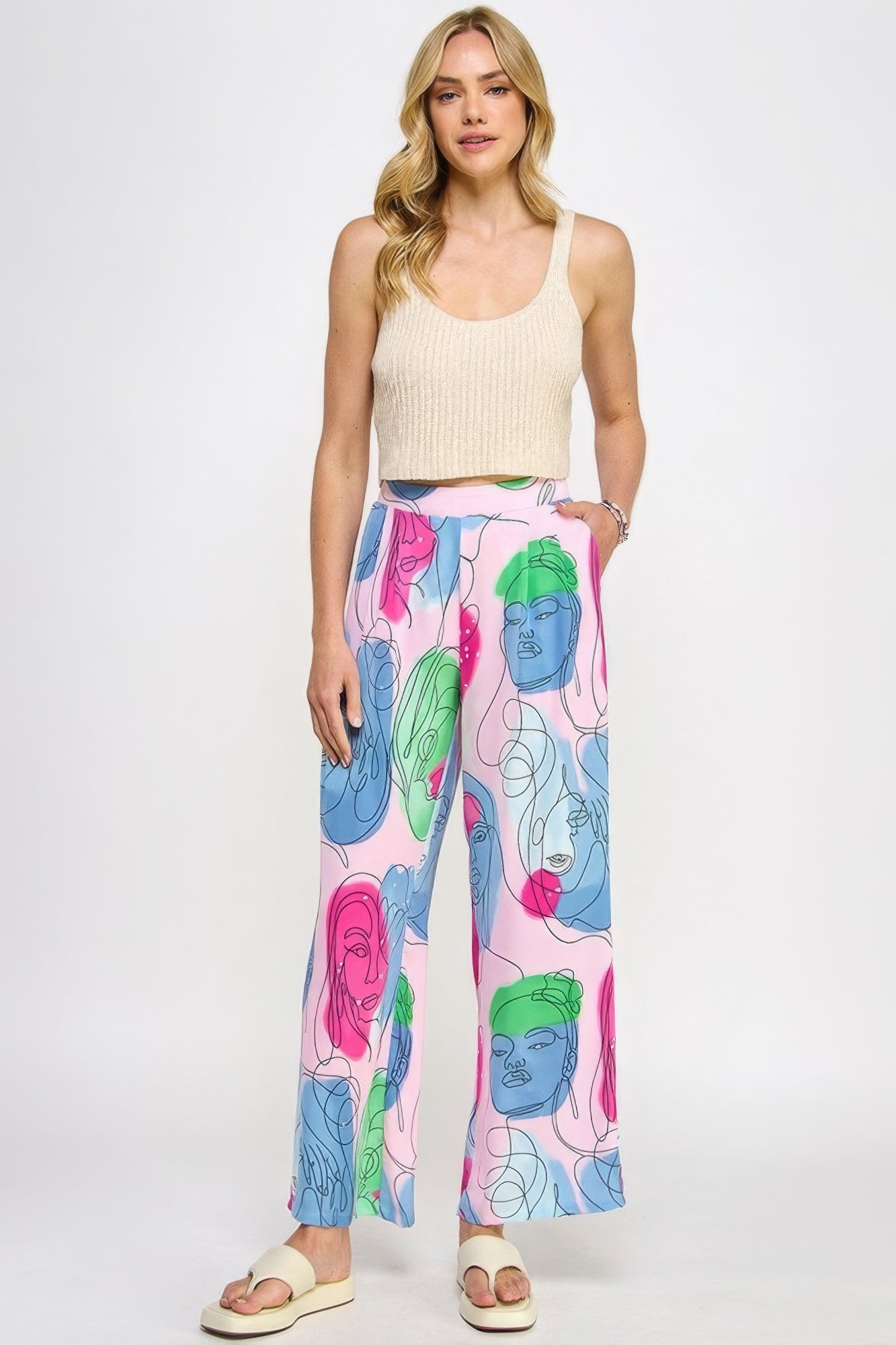 Printed Wide Leg Pant With Elastic Back