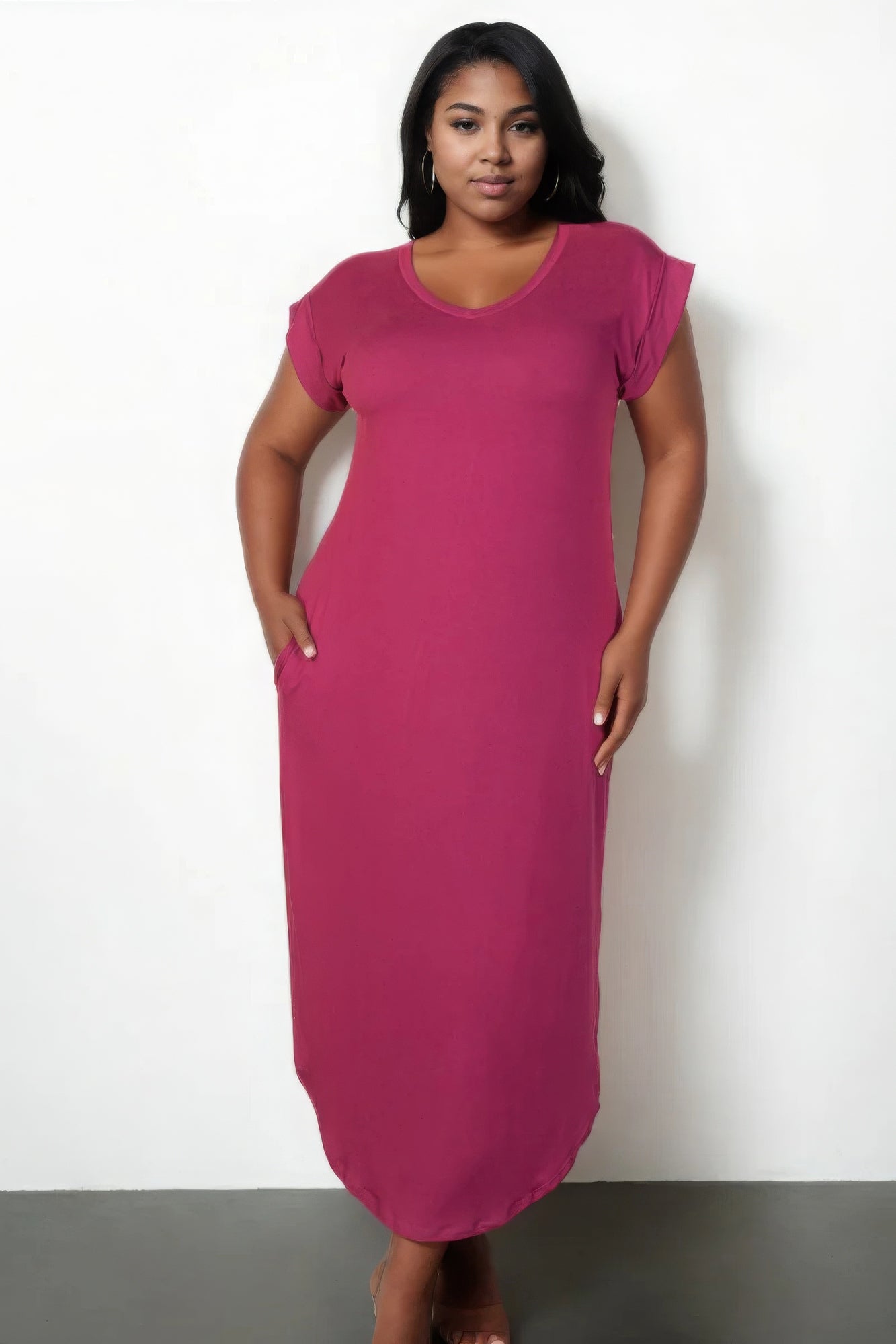 Plus Size Hidden Pocket Batwing Sleeve V Neck Long Dress