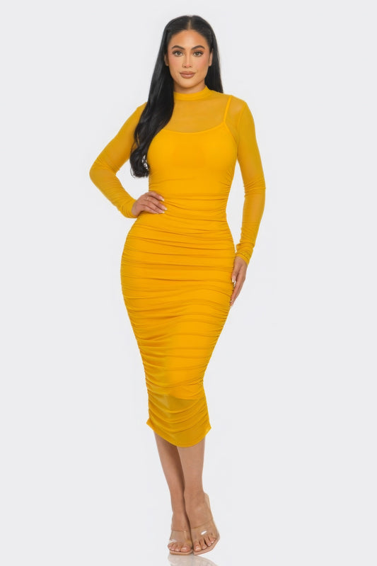 Solid Mesh Ruched Midi Dress