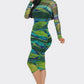 Glitch Print Mesh Ruched Midi Dress