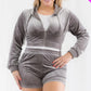 Plus Size Velour Crop Zip Up Hoodie And Shorts Set