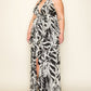 Crinkle Satin Printed Halter Ruffled Detail Smocked Waist Slit Frt Maxi Dress