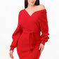 Off Shoulder Wrap Belted Ribbed Sweather Dress