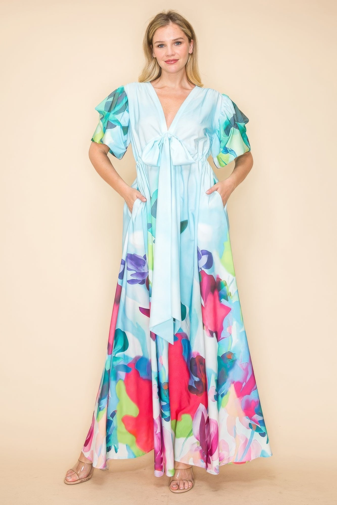 Printed V Neck Maxi Dress