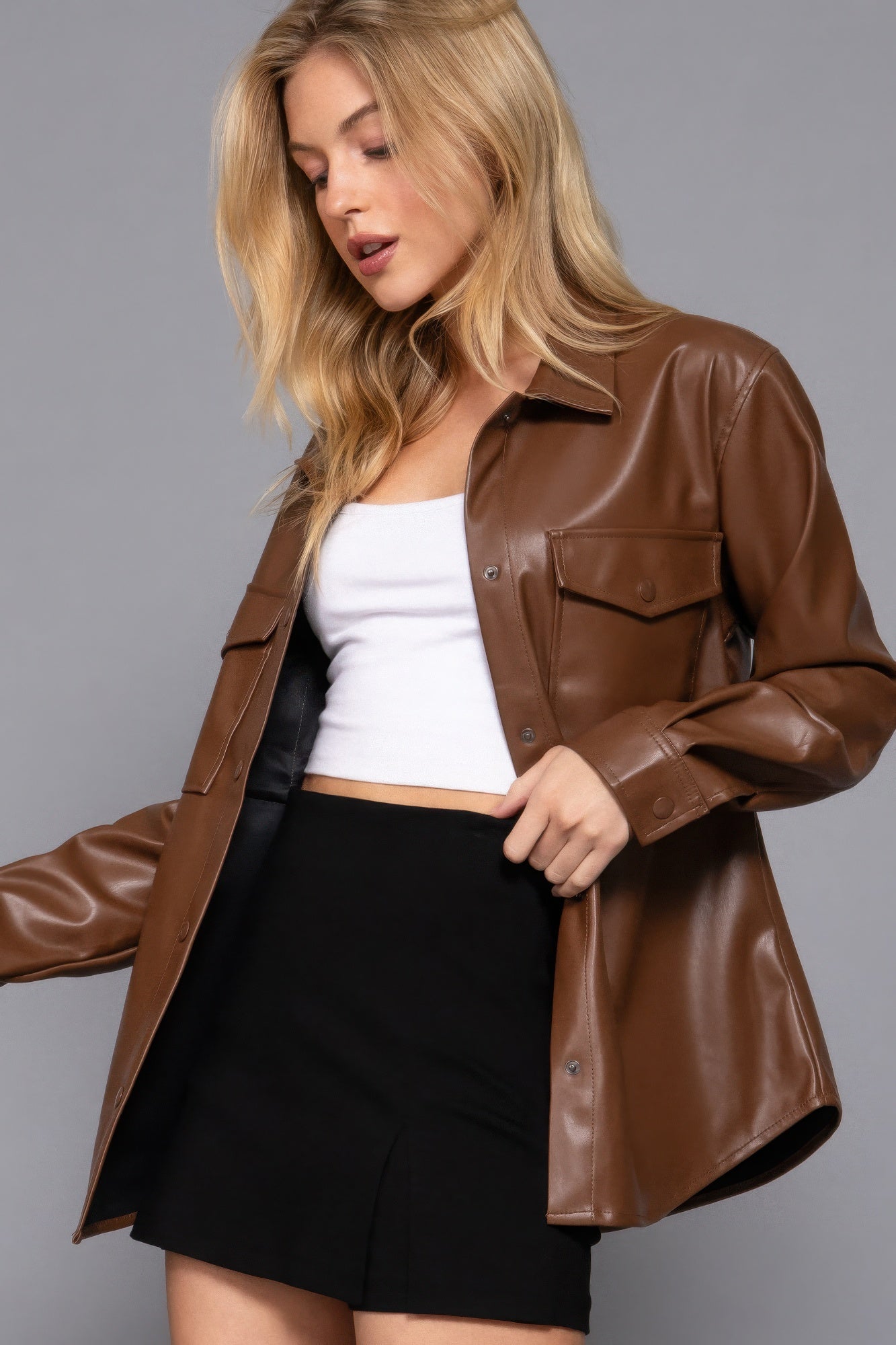 Long Slv Faux Leather Shacket