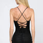 Textured coating knit sleeveless darwsrting lace back bodycon mini dress