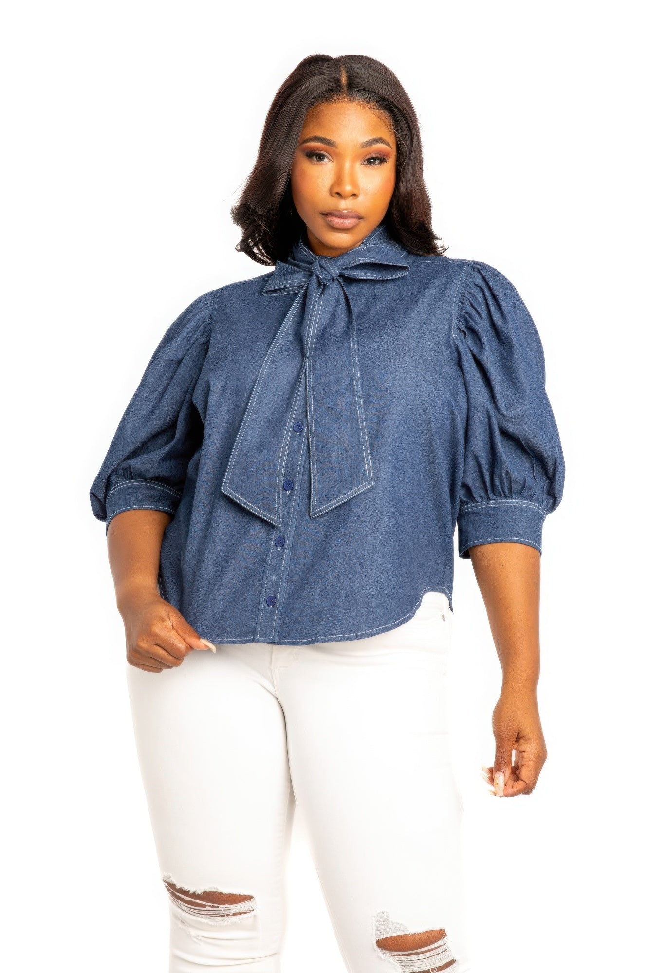 Washed denim puff sleeve blouse with tie