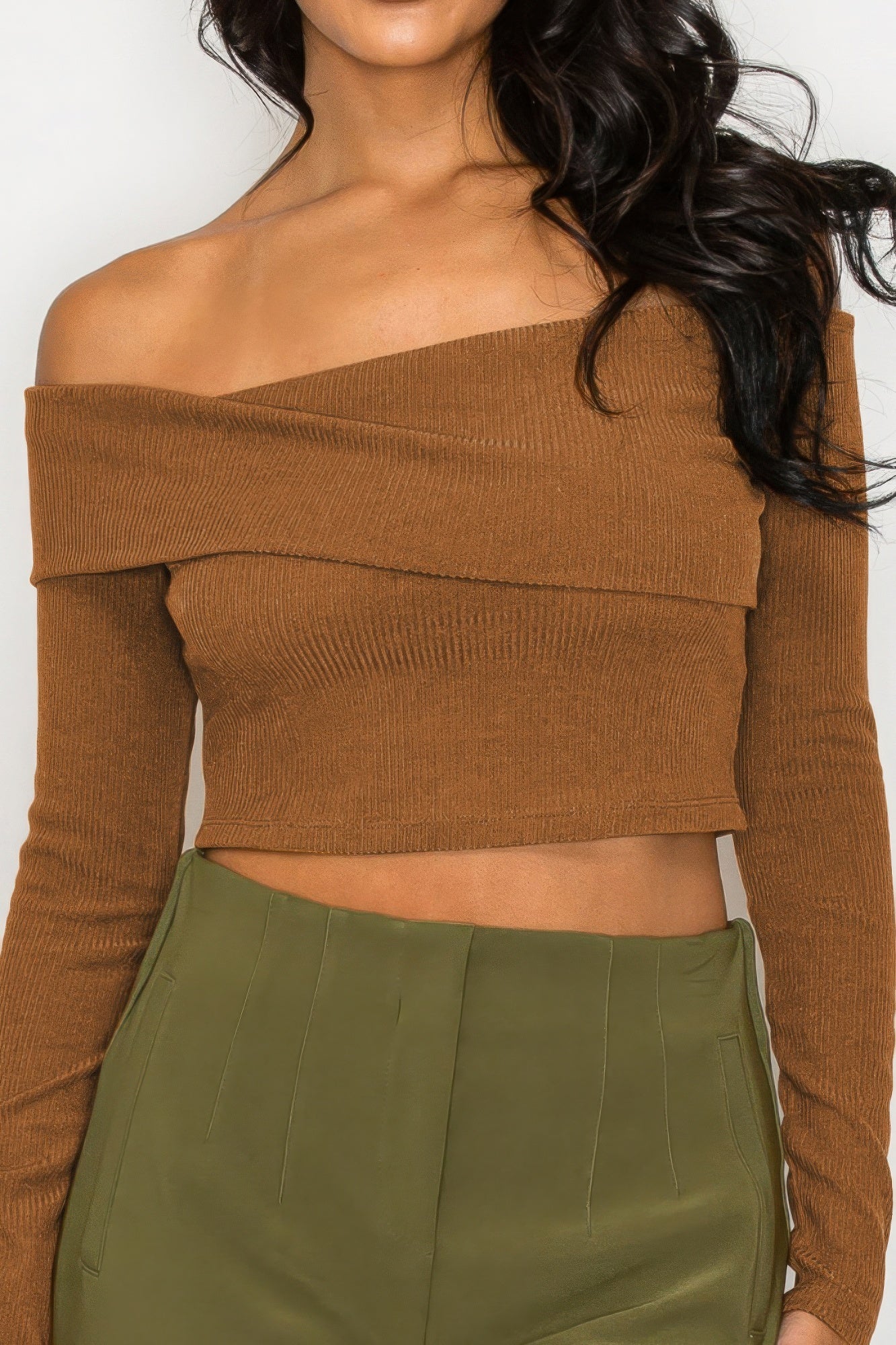 Bardot ribbed long sleeve crop top