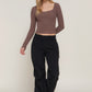 Long slv sweetheart neck seam detail knit top